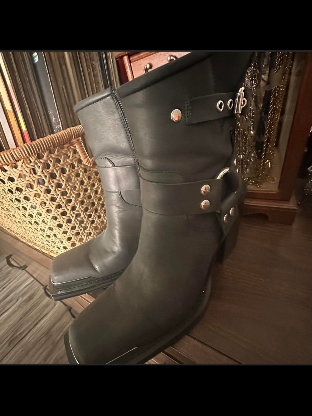 Jeffrey Campbell "Handler" Black Leather Ankle Boots with Studded Strap - Picture 3 of 6
